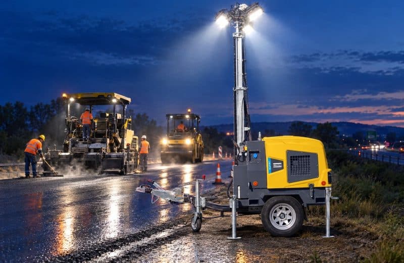 Atlas Copco HiLight M+7 mobil világítótorony éjszakai aszfaltozásnál, kinyitott árboccal és bekapcsolt LED-lámpákkal